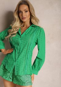 Renee - Zielona Koszula z Haftowanej Tkaniny w Stylu Boho Perphone. Kolor: zielony. Materiał: tkanina. Wzór: haft. Sezon: lato, wiosna. Styl: boho #5