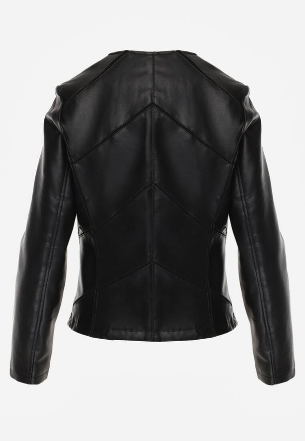 Renee - Czarna Taliowana Kurtka Biker z Dekoltem Crew Neck Ozdobiona Przeszyciami Nelithaen. Kolor: czarny. Materiał: jeans, poliester. Wzór: aplikacja