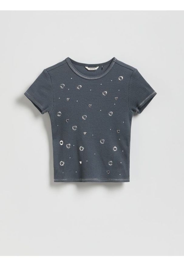 Reserved - Bawełniany t-shirt z aplikacją - ciemnoszary. Kolor: szary. Materiał: bawełna. Wzór: aplikacja