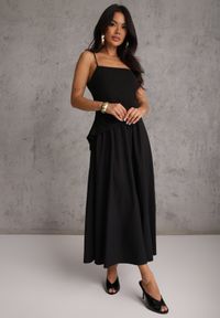 Renee - Czarna Sukienka z Bawełny na Ramiączkach z Asymetryczną Warstwą w Talii Petimelle. Okazja: na co dzień. Typ kołnierza: dekolt kwadratowy. Kolor: czarny. Wzór: gładki. Typ sukienki: asymetryczne. Materiał: bawełna. Długość rękawa: na ramiączkach. Sezon: lato. Styl: casual #2