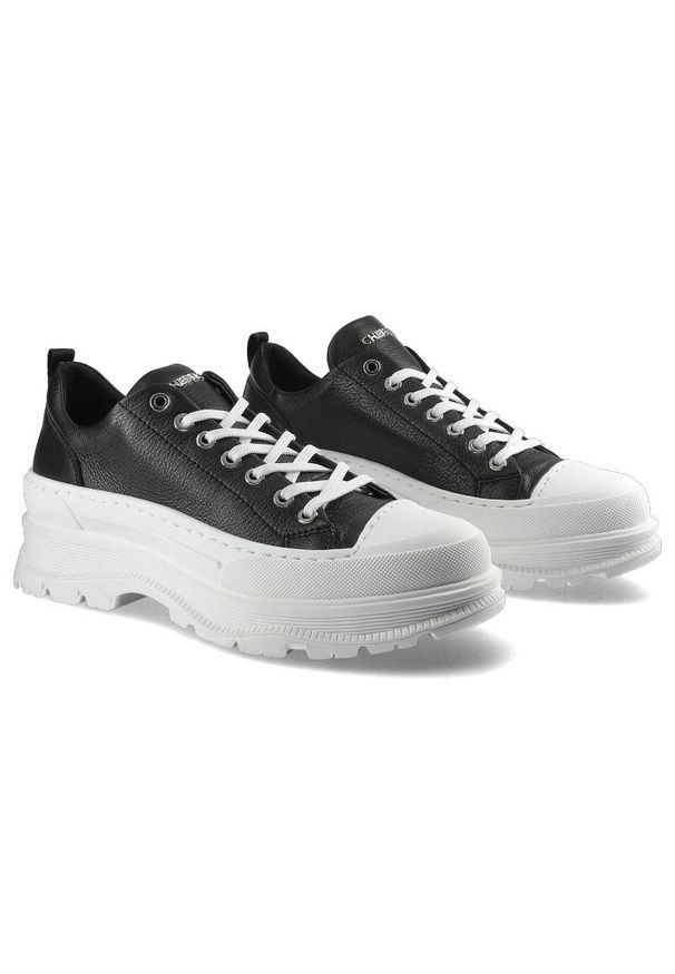 CheBello - Czarne Sneakersy Damskie Chebello Stylowe Półbuty. Kolor: czarny. Materiał: skóra, jeans. Szerokość cholewki: normalna. Sezon: lato. Obcas: na platformie. Styl: elegancki