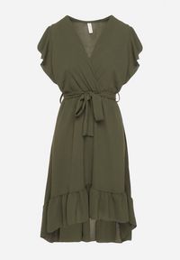 Born2be - Ciemnozielona Rozkloszowana Sukienka Ozdobiona Falbanką i Paskiem Natiellea. Okazja: na co dzień. Typ kołnierza: kołnierz z falbankami. Kolor: zielony. Wzór: aplikacja. Styl: casual #3