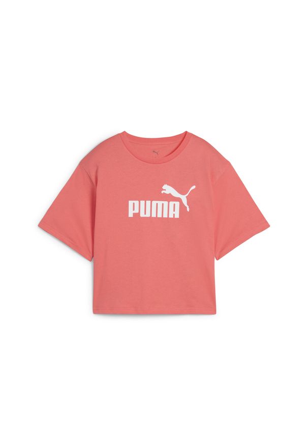Puma - Damska luźna koszulka z logo NO.1 ESS Cropped PUMA Peach Frost Red. Kolor: czerwony. Materiał: jeans. Wzór: nadruk. Sport: fitness