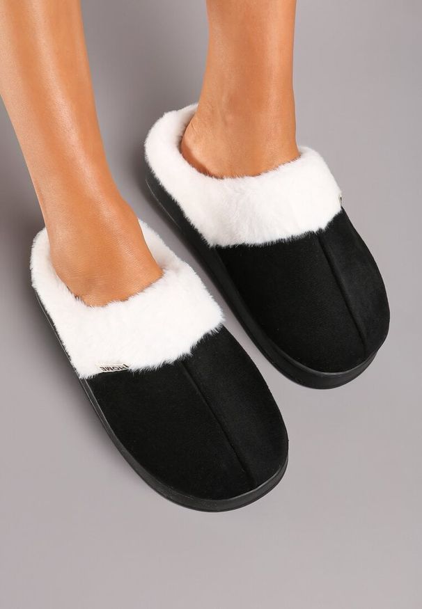 Born2be - Czarne Płaskie Kapcie z Futerkiem Leretha. Okazja: do domu. Kolor: czarny. Materiał: futro. Obcas: na obcasie. Styl: elegancki. Wysokość obcasa: niski