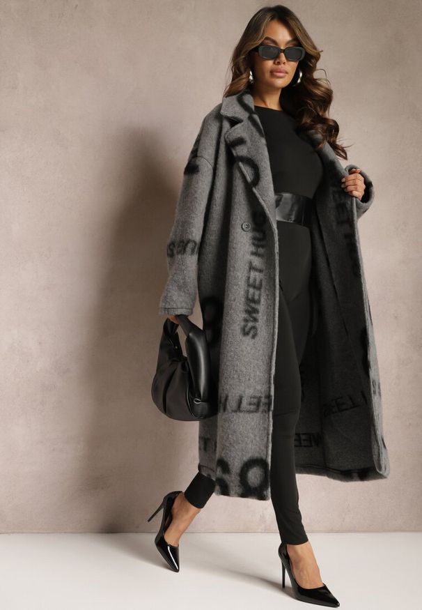 Renee - Szary Luźny Płaszcz Wełniany w Ozdobny Nadruk Misganna. Kolor: szary. Materiał: wełna. Wzór: nadruk