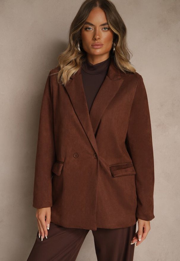 Renee - Brązowa Pudełkowa Marynarka z Usztywnioną Linią Ramion Rillie. Okazja: na co dzień. Kolor: brązowy. Materiał: jeans. Styl: elegancki, casual