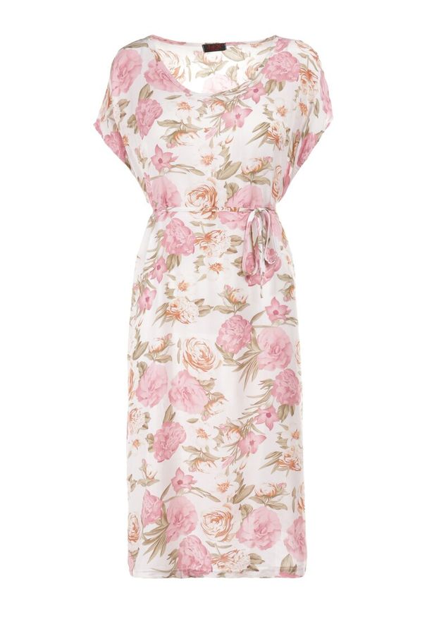 Born2be - Biało-Różowa Sukienka Endiore. Okazja: na wesele, na randkę, na ślub cywilny. Kolekcja: plus size. Kolor: biały. Wzór: kwiaty, nadruk, aplikacja. Typ sukienki: dla puszystych. Materiał: tkanina. Długość rękawa: krótki rękaw. Sezon: lato. Długość: midi