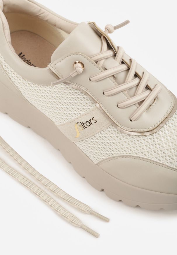 Born2be - Beżowe Sneakersy na Grubej Podeszwie ze Skórzaną Wkładką i Napisem Airarge. Okazja: na co dzień. Zapięcie: sznurówki. Kolor: beżowy. Materiał: skóra. Wzór: napisy