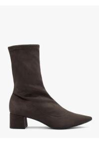 Ryłko - Ciemnobrązowe botki skarpetkowe. Kolor: brązowy. Materiał: tkanina. Szerokość cholewki: normalna. Obcas: na obcasie. Styl: klasyczny, street. Wysokość obcasa: średni #1