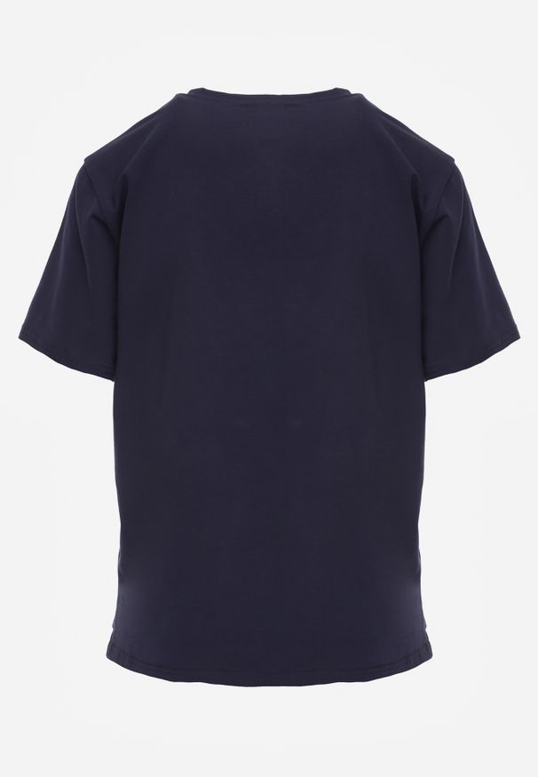 Renee - Granatowy Bawełniany T-shirt Ozdobiony po Bokach Rozcięciami Brinelle. Kolor: niebieski. Materiał: bawełna. Wzór: aplikacja. Sezon: lato. Styl: sportowy, elegancki