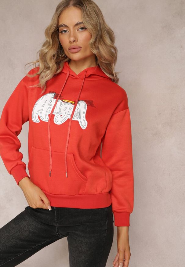 Renee - Pomarańczowa Ocieplona Bluza Kangurka z Nadrukiem Pralle. Okazja: na co dzień. Typ kołnierza: kaptur. Kolor: pomarańczowy. Wzór: nadruk. Styl: casual
