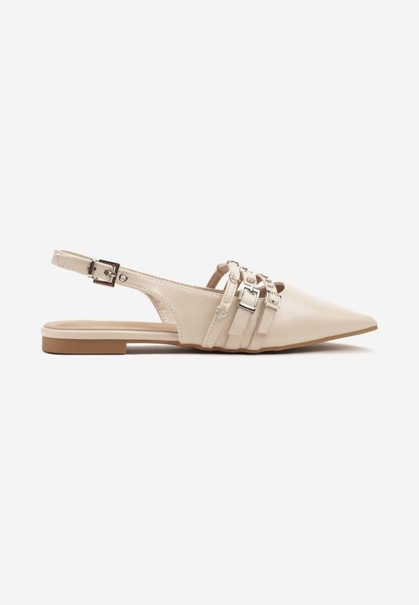 Renee - Beżowe Sandały Slingback ze Szpiczastym Noskiem Zdobione Paskami z Klamerkami Voseira. Okazja: na spotkanie biznesowe. Nosek buta: szpiczasty. Zapięcie: pasek. Kolor: beżowy. Materiał: jeans. Wzór: aplikacja. Styl: elegancki, biznesowy