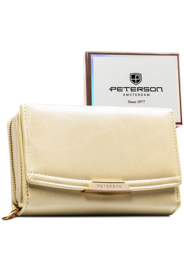 Portfel damski ze skóry ekologicznej w kolorze ecru, wyposażony w system RFID - Peterson. Materiał: skóra ekologiczna