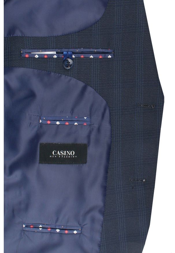 Taliowana, Elegancka Marynarka Męska - Casino - Granat, Delikatna Kratka. Kolor: niebieski. Materiał: wiskoza, poliester. Wzór: kratka. Styl: elegancki