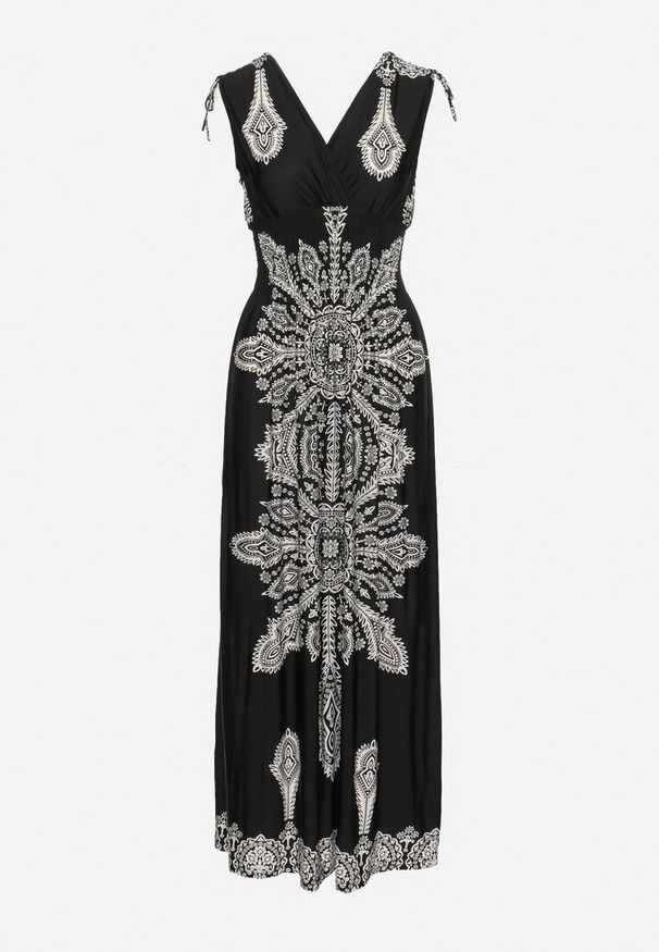 Born2be - Czarna Sukienka w Stylu Boho z Gumką w Pasie i Troczkami na Ramionach Aretava. Okazja: na co dzień. Typ kołnierza: dekolt w serek, dekolt w łódkę. Kolor: czarny. Typ sukienki: proste. Styl: boho