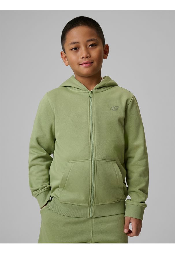 4f - 4F Bluza dresowa regular z kapturem chłopięca - zielona 134 (8-9 lat). Okazja: na spacer, na co dzień, na uczelnię. Typ kołnierza: kaptur. Kolor: zielony. Materiał: dresówka. Sezon: lato. Styl: casual, klasyczny