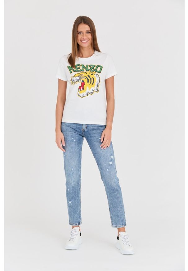 Kenzo - KENZO Biały damski t-shirt Tiger Varsity crewneck, Rozmiar S. Kolor: biały