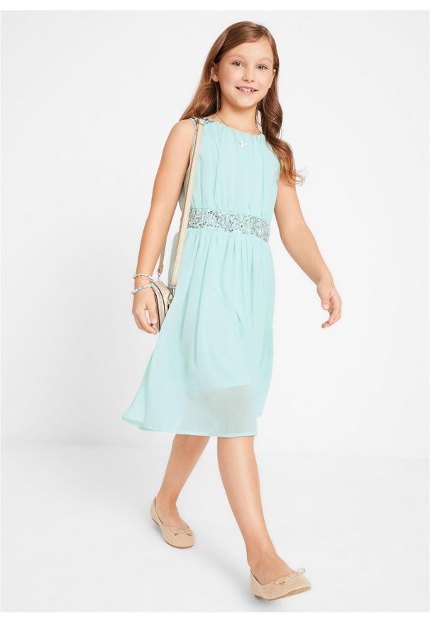 bonprix - Sukienka szyfonowa z cekinami. Okazja: na imprezę. Kolor: zielony. Materiał: szyfon. Długość rękawa: na ramiączkach. Wzór: aplikacja