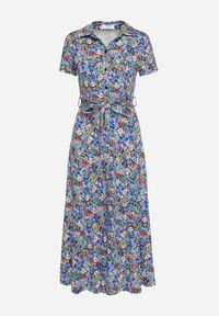 Born2be - Niebieska Koszulowa Sukienka z Krótkim Rękawem i Wiskozą na Guziki z Materiałowym Paskiem Dimiata. Typ kołnierza: kołnierzyk klasyczny. Kolor: niebieski. Materiał: materiał, wiskoza. Długość rękawa: krótki rękaw. Wzór: kwiaty. Typ sukienki: koszulowe. Styl: klasyczny #2