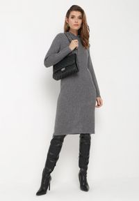 Born2be - Ciemnoszara Wełniana Sukienka z Kapturem w Prążki Tyrwe. Okazja: na co dzień. Typ kołnierza: kaptur. Kolor: szary. Materiał: wełna. Długość rękawa: długi rękaw. Wzór: prążki. Typ sukienki: proste. Styl: klasyczny, casual, elegancki #3