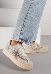 Born2be - Beżowe Sneakersy na Grubej Podeszwie Ozdobione Cyrkoniami Orinrya. Okazja: na co dzień. Kolor: beżowy. Materiał: jeans. Wzór: aplikacja #3