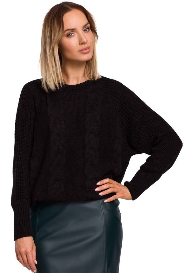 MOE - Czarny Sweter w Warkocze ze Ściągaczami. Kolor: czarny. Materiał: akryl, poliamid