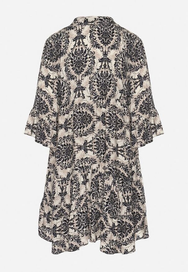 Born2be - Beżowo-Czarna Rozkloszowana Sukienka z Bawełny z Falbanami w Ornamentalny Wzór Lanoreth. Okazja: na co dzień, na spacer. Typ kołnierza: dekolt w serek. Kolor: czarny. Materiał: bawełna. Typ sukienki: rozkloszowane, proste. Styl: casual, klasyczny