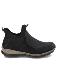 Czarne Botki Rieker Modne Wsuwane Obuwie Damskie. Okazja: na co dzień, na spacer. Zapięcie: bez zapięcia. Kolor: czarny. Materiał: materiał. Wzór: aplikacja. Styl: casual #6