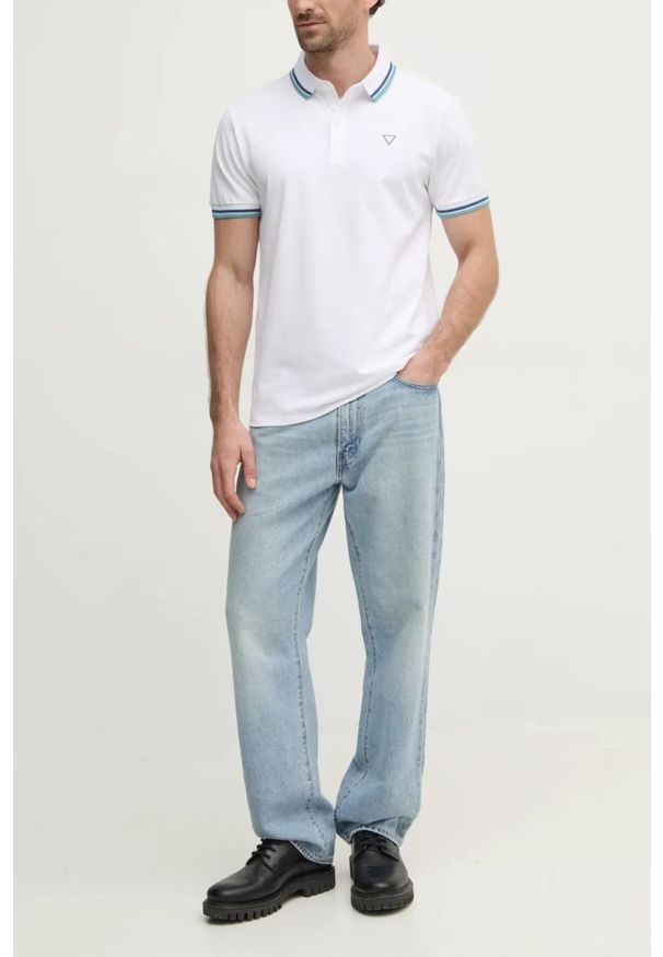 Guess - GUESS Białe męskie polo Pique. Typ kołnierza: polo. Kolor: biały