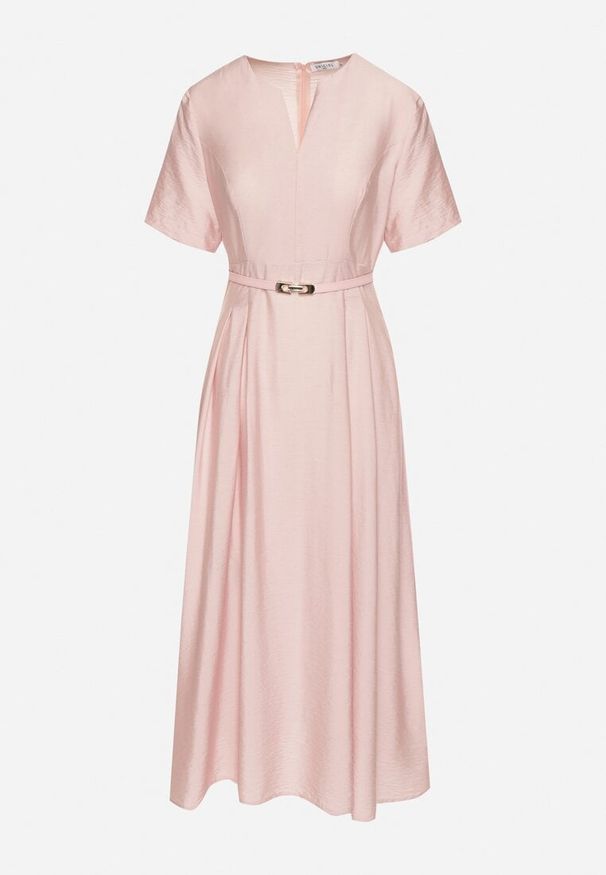 Born2be - Różowa Wiskozowa Sukienka z Lnem o Rozkloszowanym Kroju z Paskiem z Klamerką Linalin. Okazja: na co dzień. Typ kołnierza: dekolt w serek. Kolor: różowy. Materiał: wiskoza, len. Długość rękawa: krótki rękaw. Styl: casual, klasyczny, elegancki