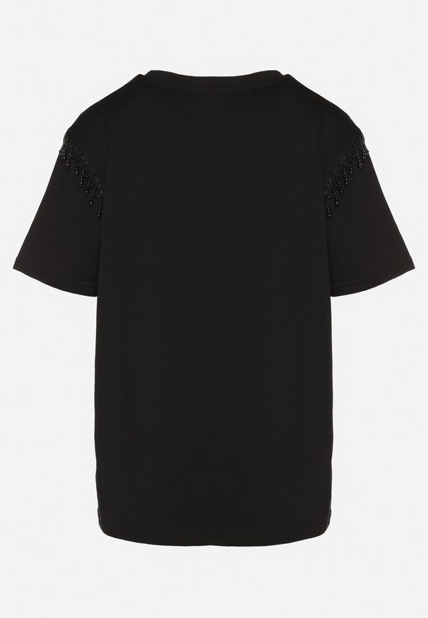 Born2be - Czarny Bawełniany T-shirt Ozdobiony Koralikami Tlerra. Okazja: na co dzień. Kolor: czarny. Materiał: bawełna. Wzór: aplikacja. Sezon: lato, wiosna. Styl: sportowy, klasyczny, casual