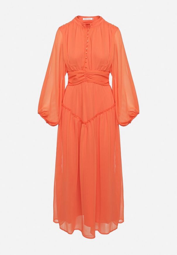 Born2be - Pomarańczowa Długa Sukienka Koktajlowa w Stylu Retro z Plisami i Stójką Leowia. Typ kołnierza: kołnierzyk stójkowy. Kolor: pomarańczowy. Styl: retro, wizytowy. Długość: maxi