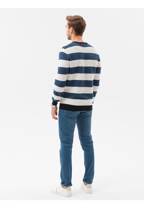 Ombre Clothing - Sweter męski w paski E189 - ciemnoniebieski - XXL. Kolor: niebieski. Materiał: bawełna, dzianina. Wzór: paski. Styl: klasyczny