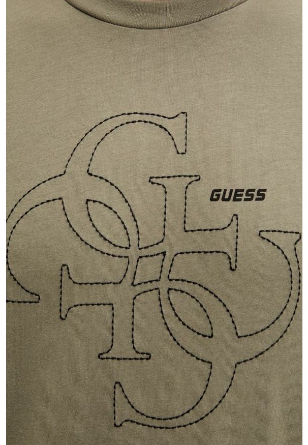Guess - GUESS Zielony bawełniany t-shirt męski na krótki rękaw z wyszywanym logo 4G Tiberio, Rozmiar M. Okazja: na co dzień. Kolor: zielony. Materiał: bawełna. Długość rękawa: krótki rękaw. Długość: krótkie. Styl: casual