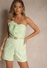Renee - Zielony Kombinezon Bandeau z Paskiem z Klamrą Zdobiony Zakładkami Silianea. Okazja: na co dzień. Kolor: zielony. Materiał: jeans. Długość rękawa: bez rękawów. Wzór: aplikacja. Styl: klasyczny, casual #4