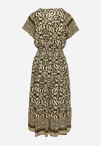 Born2be - Zielono-Beżowa Bawełniana Sukienka z Guzikami i Ornamentnym Wzorem Zisselle. Kolor: zielony. Materiał: bawełna #4