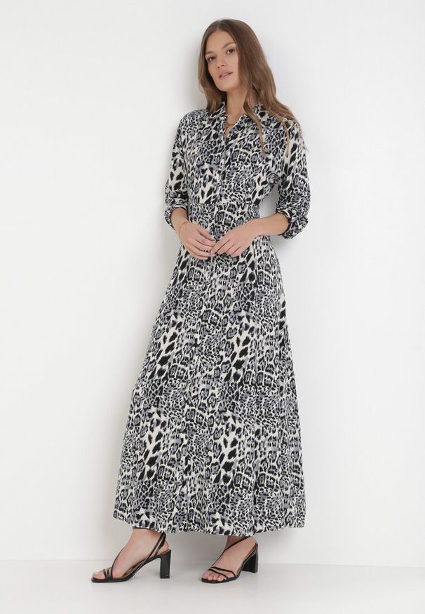 Born2be - Szaro-Granatowa Sukienka Adolia. Kolor: szary. Długość rękawa: długi rękaw. Wzór: motyw zwierzęcy. Typ sukienki: koszulowe. Długość: maxi