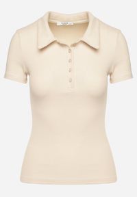 Born2be - Beżowy Bawełniany T-shirt Prążkowany Typu Polo z Guzikami Avelavia. Okazja: na co dzień. Typ kołnierza: polo. Kolor: beżowy. Materiał: bawełna, prążkowany. Styl: klasyczny, casual #3