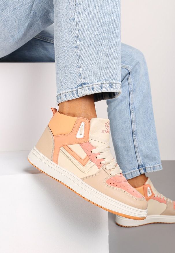 Born2be - Biało-Pomarańczowe Sneakersy Alcothee. Kolor: beżowy. Materiał: jeans. Obcas: na obcasie. Wysokość obcasa: niski