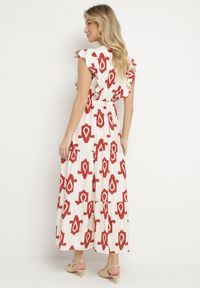 Born2be - Biało-Czerwona Sukienka z Wiskozy Ozdobiona Paskiem z Klamrą i Geometrycznym Wzorem Orivana. Okazja: na imprezę, na co dzień. Typ kołnierza: dekolt w kształcie V. Kolor: czerwony. Materiał: wiskoza. Wzór: aplikacja, geometria. Typ sukienki: proste. Styl: casual, elegancki #4