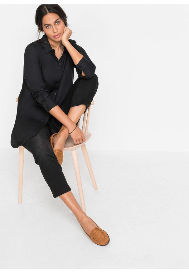 bonprix - Długa bluzka z czystej wiskozy. Kolor: czarny. Materiał: wiskoza. Długość: długie. Styl: elegancki