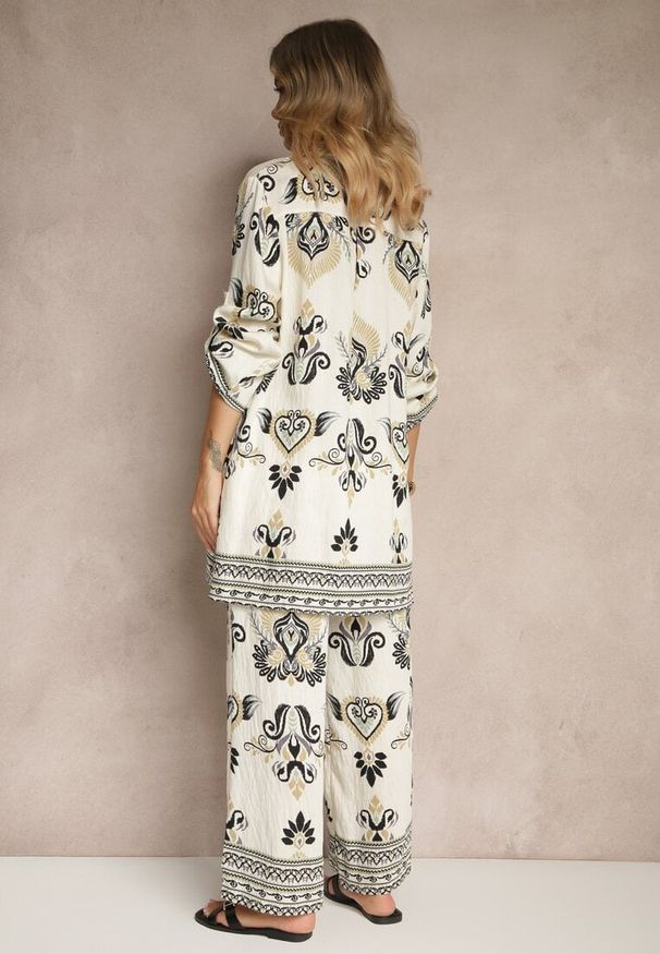 Renee - Beżowo-Czarny Komplet z Wiskozą Szerokie Spodnie i Bluzka w Stylu Boho Rinadora. Kolor: beżowy. Materiał: wiskoza