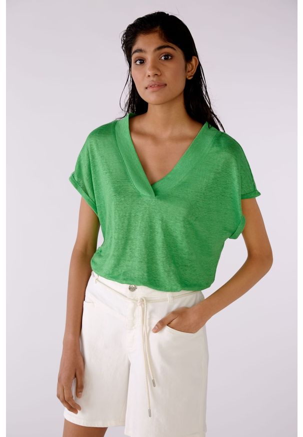 Lniany zielony t-shirt z krótkim rękawem Oui. Kolor: zielony. Materiał: len. Długość rękawa: krótki rękaw. Długość: krótkie