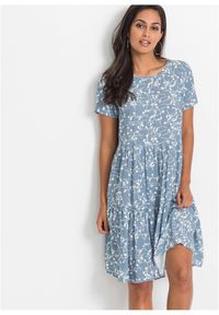 bonprix - Sukienka mini z lejącej wiskozy. Kolor: niebieski. Materiał: wiskoza. Wzór: nadruk, aplikacja. Sezon: lato. Długość: mini #1