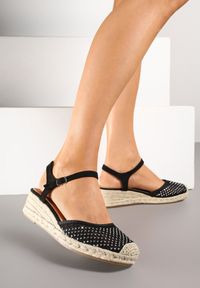 Renee - Czarne Sandały na Koturnie z Siateczkową Cholewką i Cyrkoniami Nilarena. Okazja: na co dzień. Kolor: czarny. Sezon: lato. Obcas: na koturnie. Styl: elegancki, casual #5