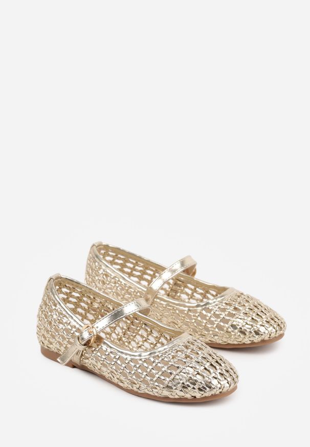 Born2be - Złote Balerinki Ozdobione Plecionką i Paskiem Tesenia. Okazja: na co dzień. Zapięcie: pasek. Kolor: złoty. Materiał: jeans. Wzór: aplikacja. Styl: casual