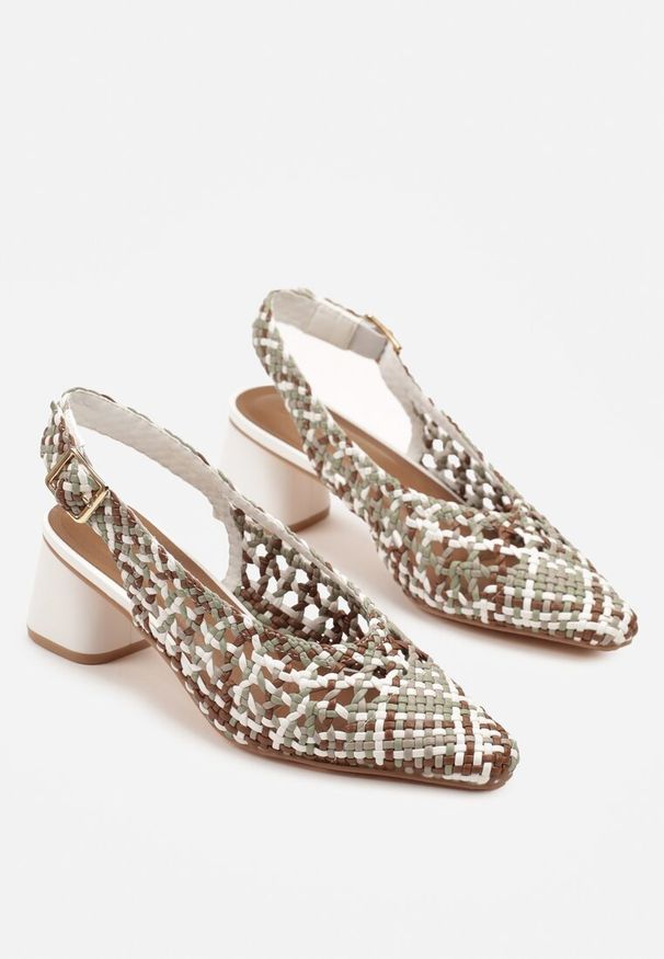 Renee - Brązowo-Białe Sandały na Słupku Slingback Ozdobione Plecioną Cholewką Linaiana. Okazja: na spotkanie biznesowe, na imprezę. Zapięcie: sprzączka. Kolor: brązowy. Wzór: aplikacja. Sezon: lato. Obcas: na słupku. Styl: elegancki, biznesowy, klasyczny