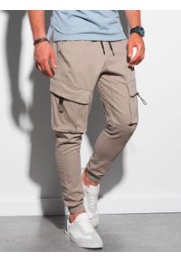 Ombre Clothing - Spodnie męskie joggery P1026 - beżowe - XXL. Kolor: beżowy. Materiał: elastan, bawełna