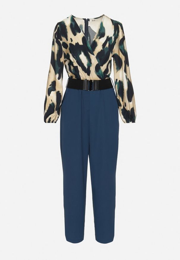 Born2be - Beżowo-Niebieski Kombinezon o Kopertowym Kroju z Dodatkowym Paskiem i Wzorzystą Górą Tinasirae. Okazja: na co dzień. Kolor: zielony. Styl: elegancki, casual