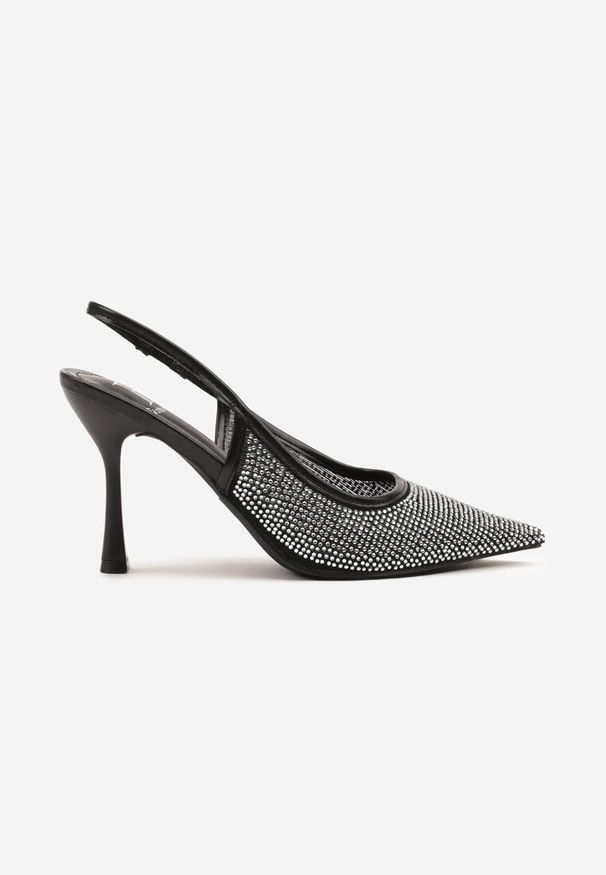Renee - Czarne Sandały Szpilki Slingback z Noskiem w Szpic Zdobione Cyrkoniami Zenvia. Okazja: na imprezę, na spotkanie biznesowe, do pracy. Kolor: czarny. Wzór: aplikacja. Obcas: na szpilce. Styl: biznesowy, wizytowy